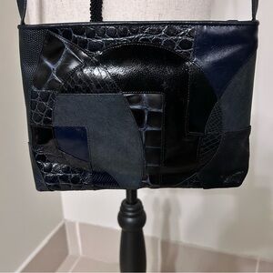 Vintage Sharif Navy Blue & Black Leather Patchwork Embossed Purse Shoulder Bag